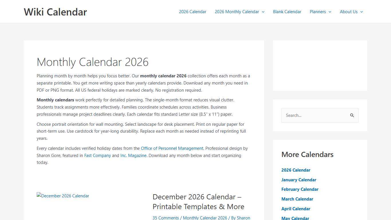 Monthly Calendar 2026 - Free Printable Templates